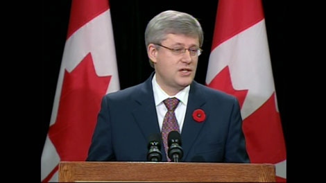 Prime Minister Stephen Harper delivers a speech on Parliament Hill in Ottawa on Monday, Nov. 8, 2010.