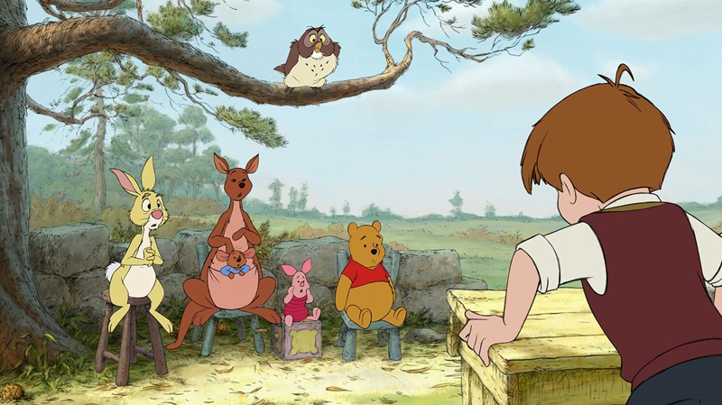 Rabbit, Kanga, Roo, Piglet, Owl, Winnie the Pooh, Christopher Robin are shown in a scene of Disney's original 'Winnie the Pooh'