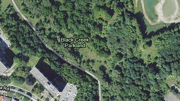 A Google Maps satellite view of the Black Creek Parkland area northwest of Finch Avenue West and Sentinel Road.