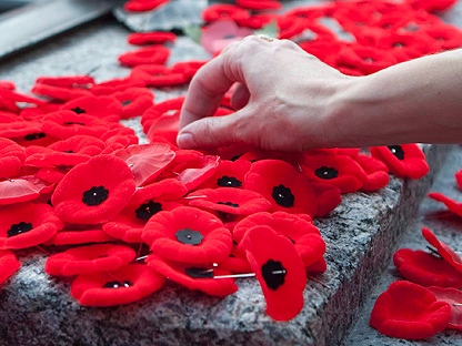 A hand reaches out to place a poppy on the Tomb of the Unknown Soldier following Remembrance Day ceremonies in Ottawa, Wednesday November 11, 2009. (THE CANADIAN PRESS/Adrian Wyld)