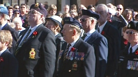 Veterans and the public gather for Remembrance Day ceremonies at the cenotaph in Kitchener, Thursday, Nov. 11, 2010.