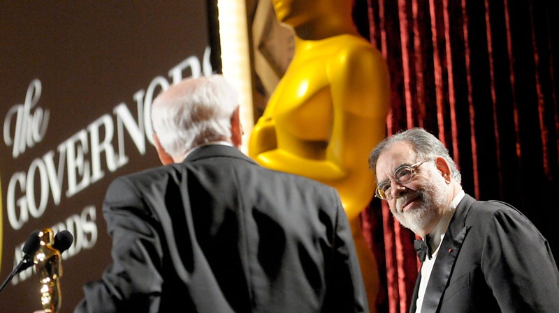 Director Francis Ford Coppola, right, on stage with actor Eli Wallach at the Academy of Motion Picture Arts and Sciences 2nd Annual Governors Awards in Los Angeles on Saturday, Nov. 13, 2010. (AP / Dan Steinberg)