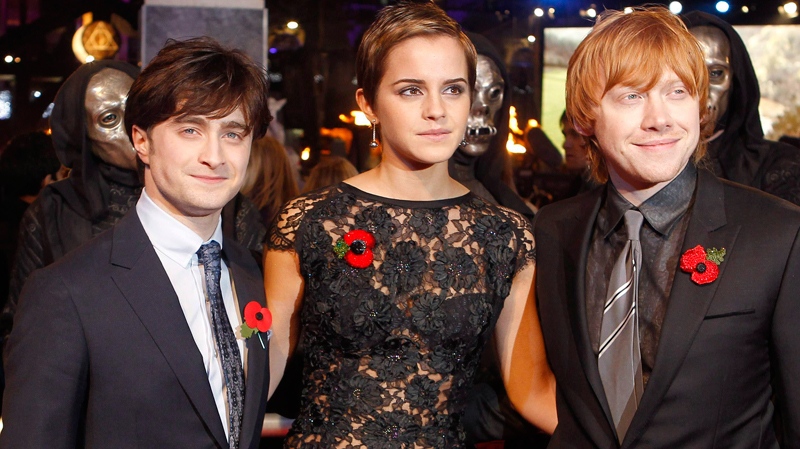 Daniel Radcliffe, Emma Watson and Rupert Grint, from left, arrive at a cinema in London's Leicester Square for the world premiere of 'Harry Potter and the Deathly Hallows: Part 1', Thursday, Nov. 11, 2010. (AP / Joel Ryan)