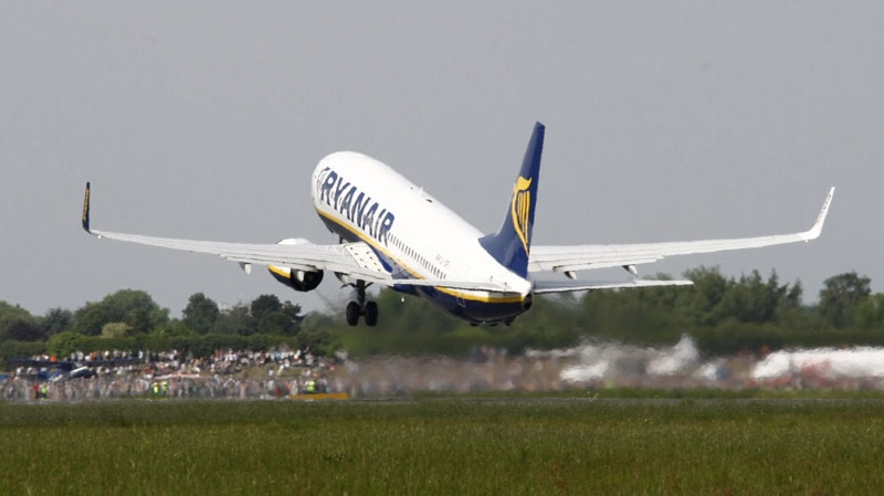 In this May 10, 2009 file picture, an aircraft by Ryanair takes off at the airport in Bremen, northern Germany. (AP Photo/Joerg Sarbach, file)