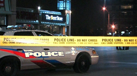 A police vehicle is seen at the scene of a reported shooting at a pub and parking lot near Don Mills Road and Finch Avenue at about 3 a.m. on Saturday, Nov. 20, 2010.