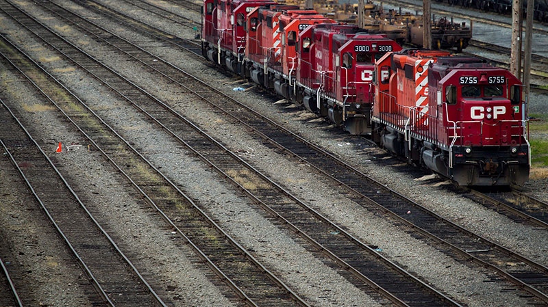 Canadian Pacific Rail locomotives sit idle at the company's Port Coquitlam yard east of Vancouver on May 23, 2012. (Darryl Dyck / THE CANADIAN PRESS)