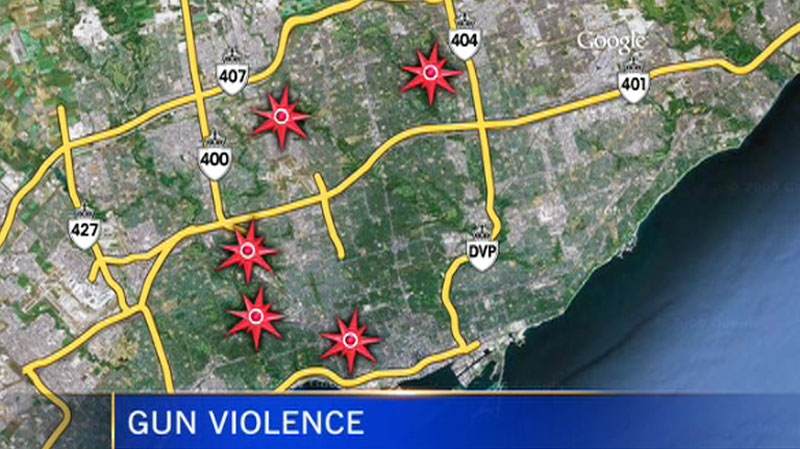 This map shows where a total of eight shootings took place across the city this weekend. 