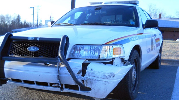 Police say a stolen vehicle struck a police car as officers attempted to stop the vehicle. 