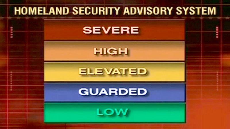 The color-coded terrorism warning system is shown.