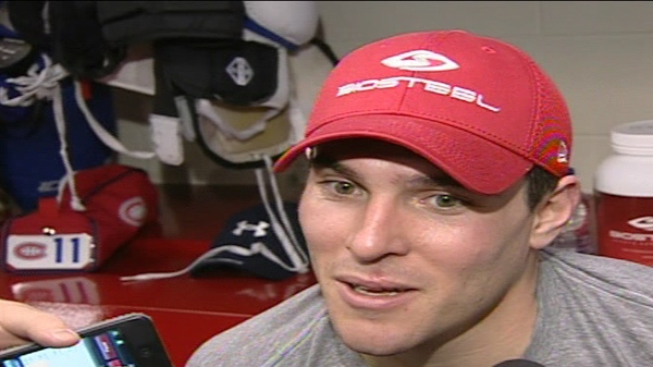 Michael Cammalleri speaks with reporters Wednesday night about the victory over the Kings.(Nov. 24,2010)
