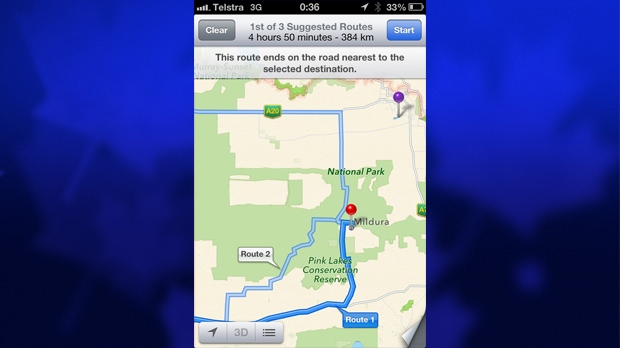 Mildura, Australia search result in Apple Maps.