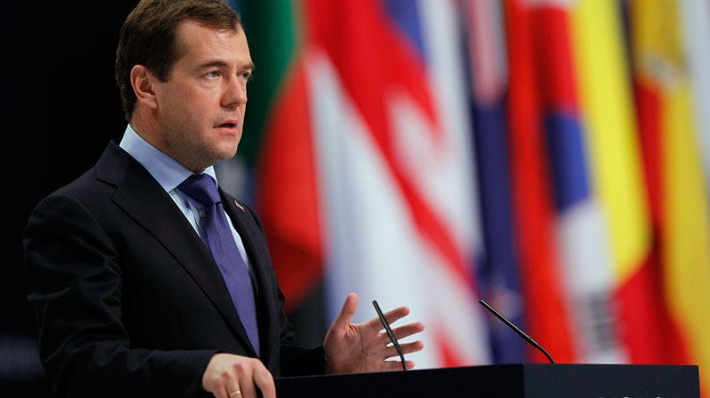 Russian President Dmitry Medvedev gives a media briefing at the end of a NATO summit in Lisbon on Saturday Nov. 20, 2010. AP / Armando Franca)