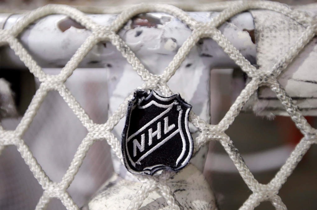 The NHL logo is seen on a goal net.