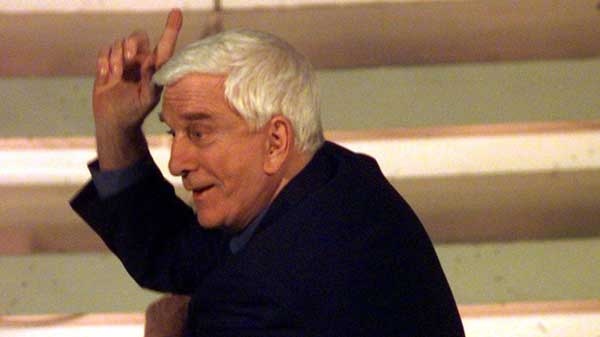 US actor-comedian Leslie Nielsen performs on the stage of the Ariston theater during the Italian song contest "Festival di Sanremo", in Sanremo, Italian Riviera Friday, Feb. 26, 1999. 