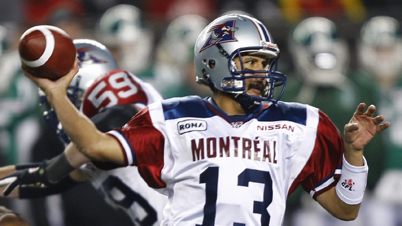 Montreal Alouettes' Anthony Calvillo throws against the Saskatchewan Roughriders during first quarter of the CFL Grey Cup Sunday, Nov. 28, 2010 in Edmonton. (Ryan Remiorz / THE CANADIAN PRESS)