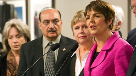 BC NDP Leader Carole James (right) is flanked by BC NDP MLAs (from left) Sue Hammell, Raj Chouhan and Dawn Black during a press conference in Vancouver, December 2, 2010. (CP/Richard Lam)