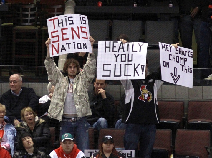 Ottawa Senators fans show their feelings about San Jose Sharks' Dany Heatley during NHL hockey in Ottawa on Thursday Dec. 2, 2010. It was Heatley's first game at Scotiabank Place since requesting a trade in the summer of 2009. (THE CANADIAN PRESS/Fred Chartrand)