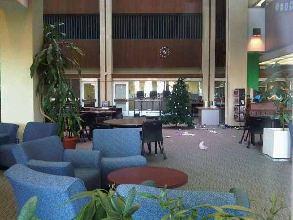 Debris is senn in the library at Queen's University where a student fell to his death, Thursday, Dec. 2, 2010.