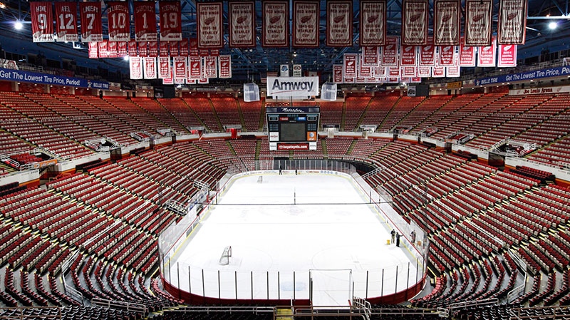 In this photo taken Tuesday, Dec. 18, 2012, championship banners and retired numbers of the Detroit Red Wings hockey team hang from the rafters above the ice at Joe Louis Arena in Detroit. (AP / Paul Sancya, File)