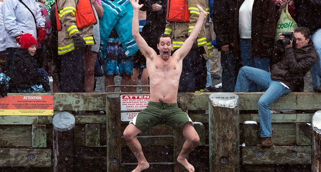 Polar bear dip, New Year's Day, icy waters
