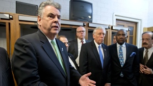 Rep. Peter King, R-N.Y., left, joined by other New York area-lawmakers affected by Superstorm Sandy, express their anger and disappointment after learning the House Republican leadership decided to allow the current term of Congress to end without holding a vote on aid for the storm's victims, at the Capitol in Washington, early Wednesday, Jan. 2, 2013. (AP / J. Scott Applewhite)