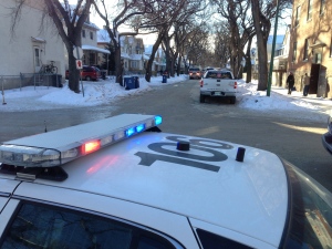 Police cruisers blocked off the 700 block of Victor Street Saturday morning following a large fire.