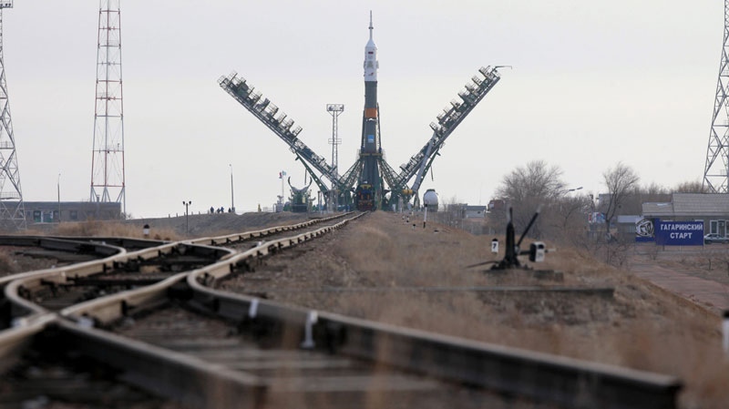 The Russian Soyuz TMA-20 space ship that will carry new crew to the International Space Station, ISS, is installed at the launch pad at the Russian leased Baikonur cosmodrome, Kazakhstan, Monday, Dec. 13, 2010. (AP Photo/Dmitry Lovetsky)
