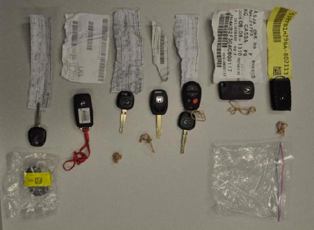 Keys from allegedly stolen vehicles