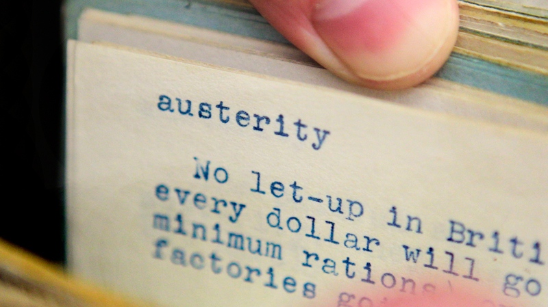 The word 'austerity' is shown on an index card file at dictionary publisher Merriam-Webster Inc. in Springfield, Mass. (AP / Charles Krupa)