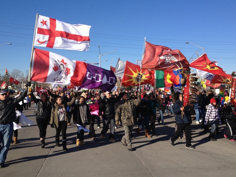 First Nations protesters head toward the Ambassador Bridge in Windsor, Ont., Wednesday, Jan. 16, 2013. (Rich Garton / CTV Windsor)