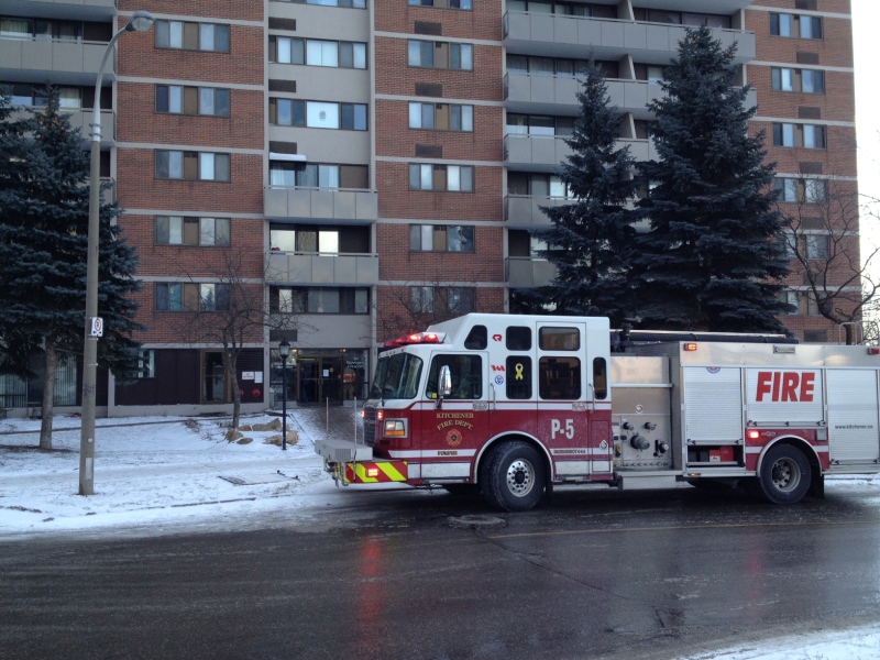 Firefighters are seen at the scene of an apartment fire on Mooregate Crescent in Kitchener, Ont., on Monday, Jan. 21, 2013. (David Imrie / CTV Kitchener)