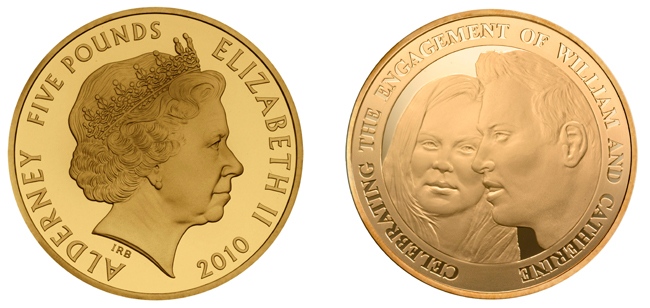 This undated combination photo released Thursday Dec. 23, 2010 by the British Royal Mint shows both sides of a commemorative coin to mark Prince William and Kate Middleton's engagement.