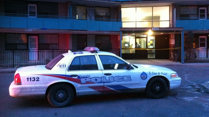 A police cruiser is pictured at the scene of a shooting in Toronto on Saturday, Dec. 25, 2010. (Tom Podolec / CTV News)