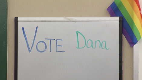 A handwritten declaration �Vote Dana� is seen at Dana Larsen�s leadership bid announcement on Dec. 29, 2010. (CTV)