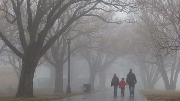 A family walks through fog along the Lakeshore in Toronto Saturday, January 1, 2011. Ontarians were treated to record high temperatures to ring in 2011 with the mercury reaching 12 degrees celsius in Toronto.