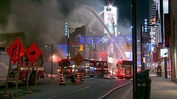 Firefighters were fighting a six-alarm blaze near Yonge and Gould Streets on Jan. 3, 2011.