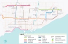 Transit City's light-rail transit route map. Toronto's LRT would travel underground for 10 km on Eglinton Avenue from Keele Street to Laird Drive and underneath Highway 404 on Sheppard Avenue from Don Mills subway station to Consumers Road.