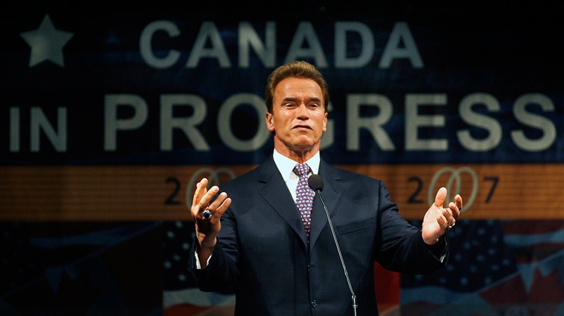 Arnold Schwarzenegger promotes the state of California during a speech in Toronto on Tuesday, May 29, 2007. (Nathan Denette / THE CANADIAN PRESS)  