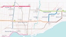 Transit City's light-rail transit route map. Toronto's LRT would travel underground for 10 km on Eglinton Avenue from Keele Street to Laird Drive and underneath Highway 404 on Sheppard Avenue from Don Mills subway station to Consumers Road.