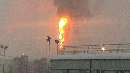 A fire broke out after an explosion at this oilsands facility north of Fort McMurray Thursday afternoon. Supplied.