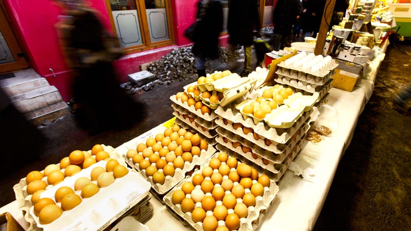 People pass a market stall with eggs at a farmers market in Berlin on Friday, Jan. 7, 2011. (AP / Markus Schreiber)