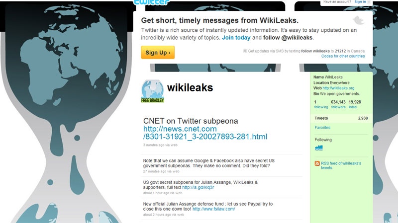 This screengrab shows the Twitter feed of Wikileaks after U.S. officials subpoenaed details of its account from Twitter Inc. on Saturday, Jan. 8, 2011.