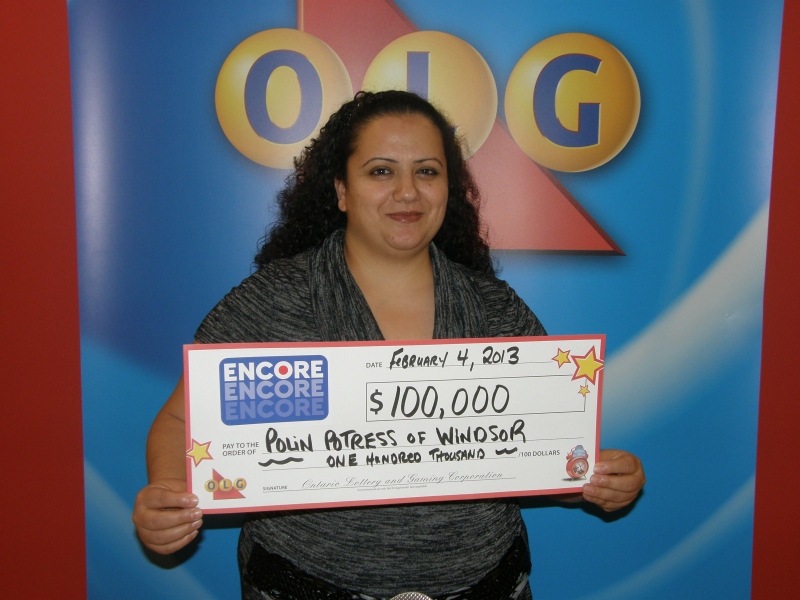 Windsor Encore winner Polin Potress,31, claims her earnings, Feb. 1, 2013. (Handout / CTV Windsor)