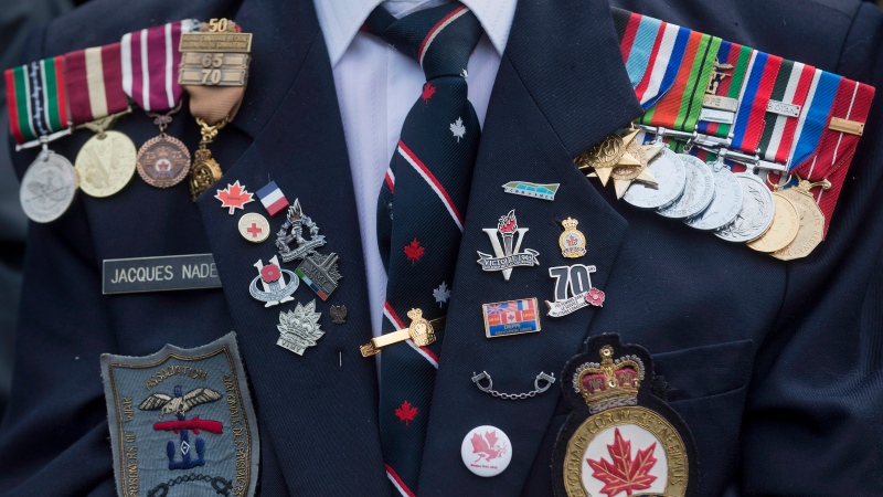 Second World War veteran Jacques Nadeau displays his medals and badges during a Remembrance Day ceremony in this 2012 file photo. (Graham Hughes/THE CANADIAN PRESS)