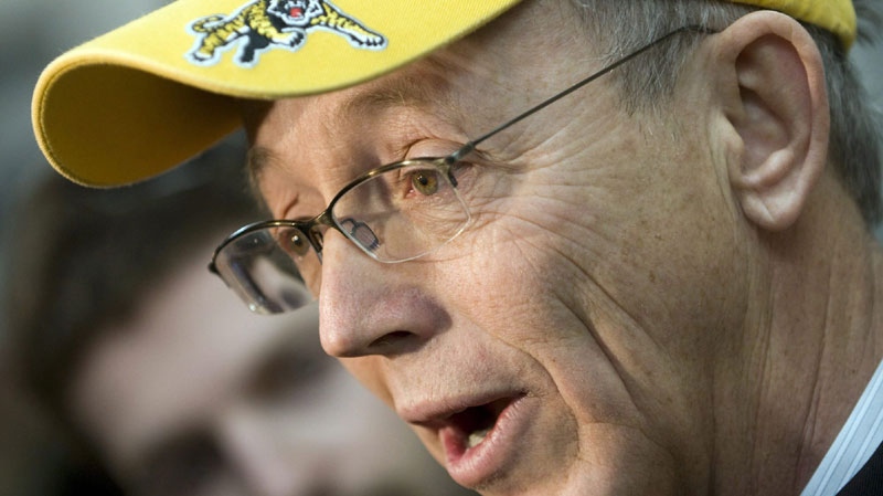 Hamilton Tiger-Cats owner Bob Young talks to the media following a press conference at Ivor Wynne Stadium in Hamilton, Ont., Tuesday, January 11, 2011. (THE CANADIAN PRESS/John Rennison)