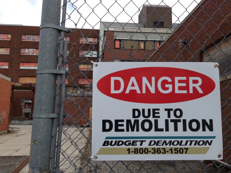 A demolition sign at the former Grace Hospital site in Windsor, Ont, Feb. 15, 2013. (Michelle Maluske / CTV Windsor)