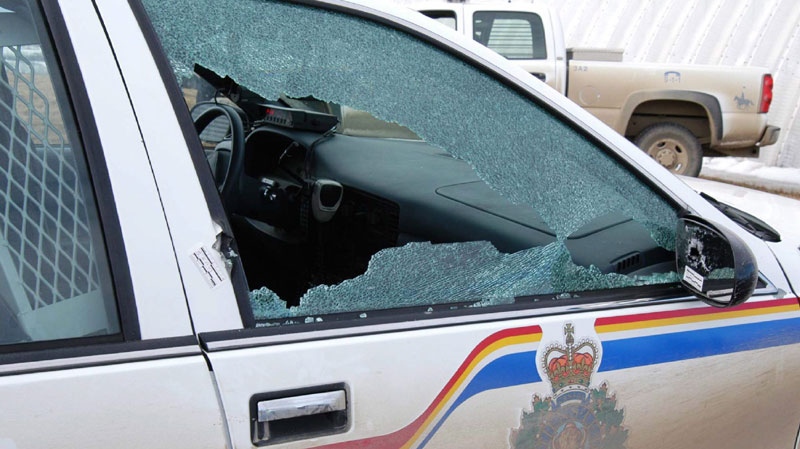 The police vehicle that was struck when James Roszko fired at Cpl. Steve Vigor, is pictured in an RCMP handout photo taken at the scene of the Mayerthorpe Mounties shooting in March 2005. (THE CANADIAN PRESS/HO- RCMP)
