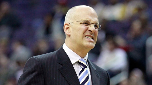 Toronto Raptors coach Jay Triano reacts in the second half of an NBA basketball game with the Washington Wizards in Washington, Saturday, Jan. 15, 2011. Wizards won 98-95. (AP Photo/Alex Brandon)