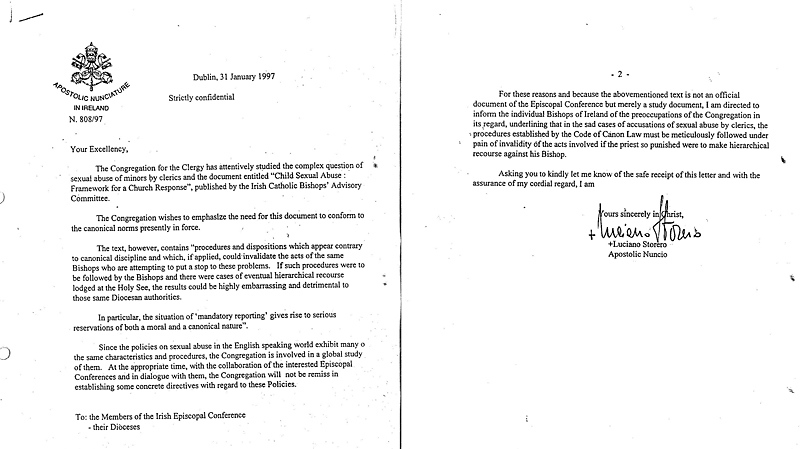 This image shows a copy of a newly revealed 1997 letter from the Vatican, obtained by Irish broadcasters RTE and provided to The Associated Press, warning Ireland's Catholic bishops not to report all suspected child-abuse cases to police, a disclosure that victims groups described as "the smoking gun" needed to show that the Vatican enforced a worldwide culture of cover-up. The letter documents the Vatican's rejection of a 1996 Irish church initiative to begin helping police identify pedophile priests following Ireland's first wave of publicly disclosed lawsuits. (AP / RTE)