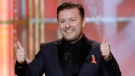 Host Ricky Gervais gestures on stage during the 67th Annual Golden Globe Awards in Los Angeles on Jan. 17, 2010. (AP / NBC, Paul Drinkwater)
